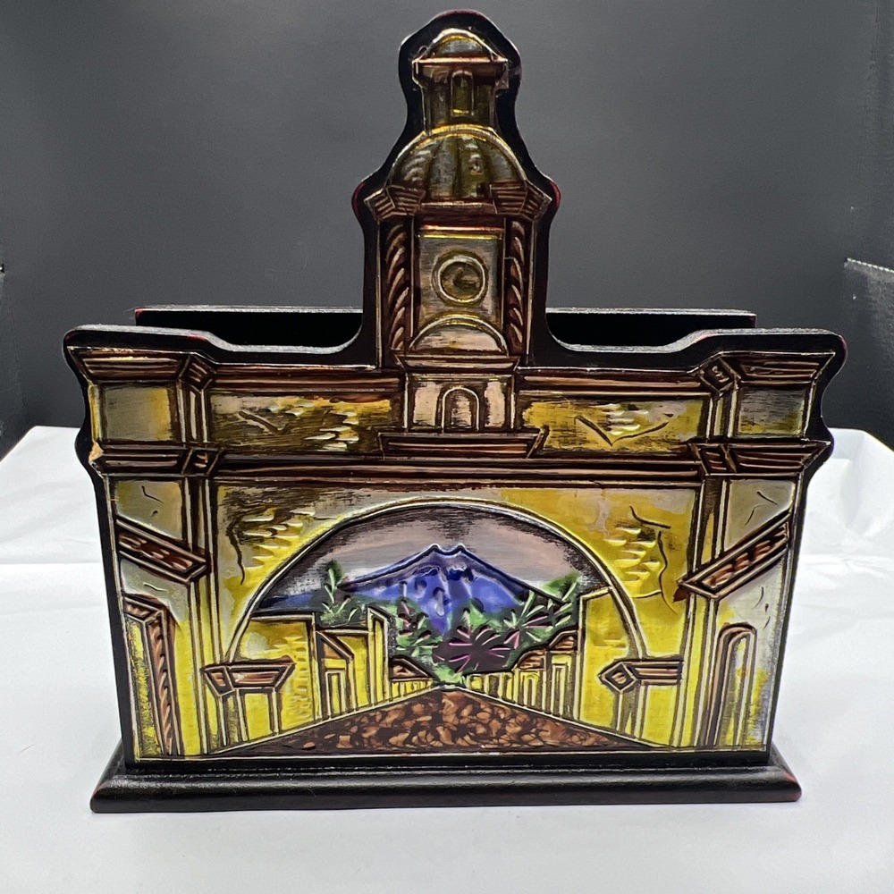 Vtg‎ Guatemala Wood Pewter Napkin Holder Hand Woven Fabric Folk Art Antigua Arch